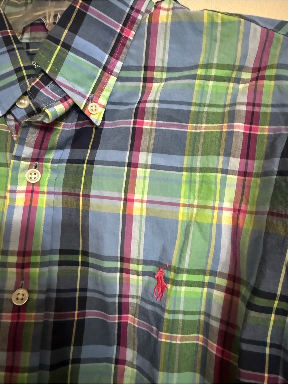 Ralph Lauren-Men M Classic Fit- Blue Green Pink Plaid-Long Sleeve Button Down - Picture 2 of 4